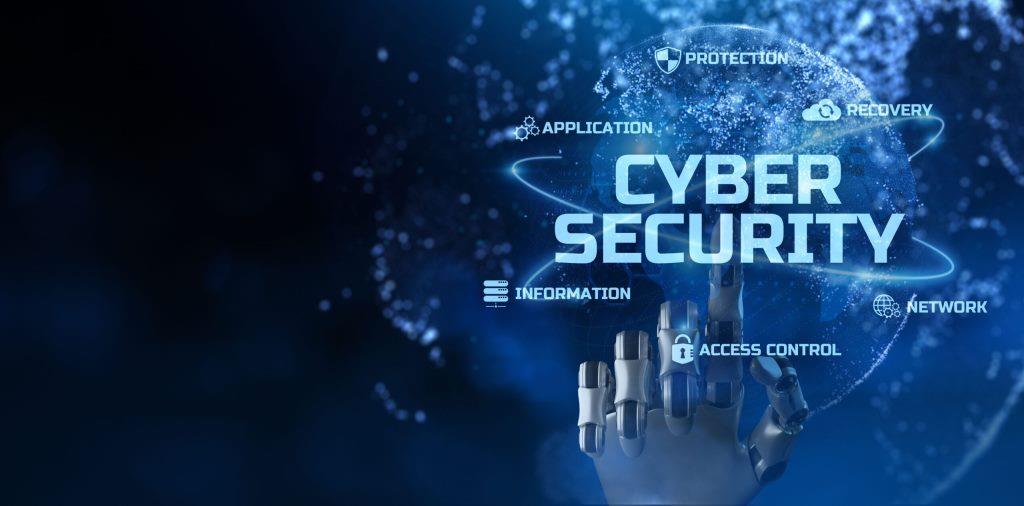 A robot hand touching the word cyber security in a blue background